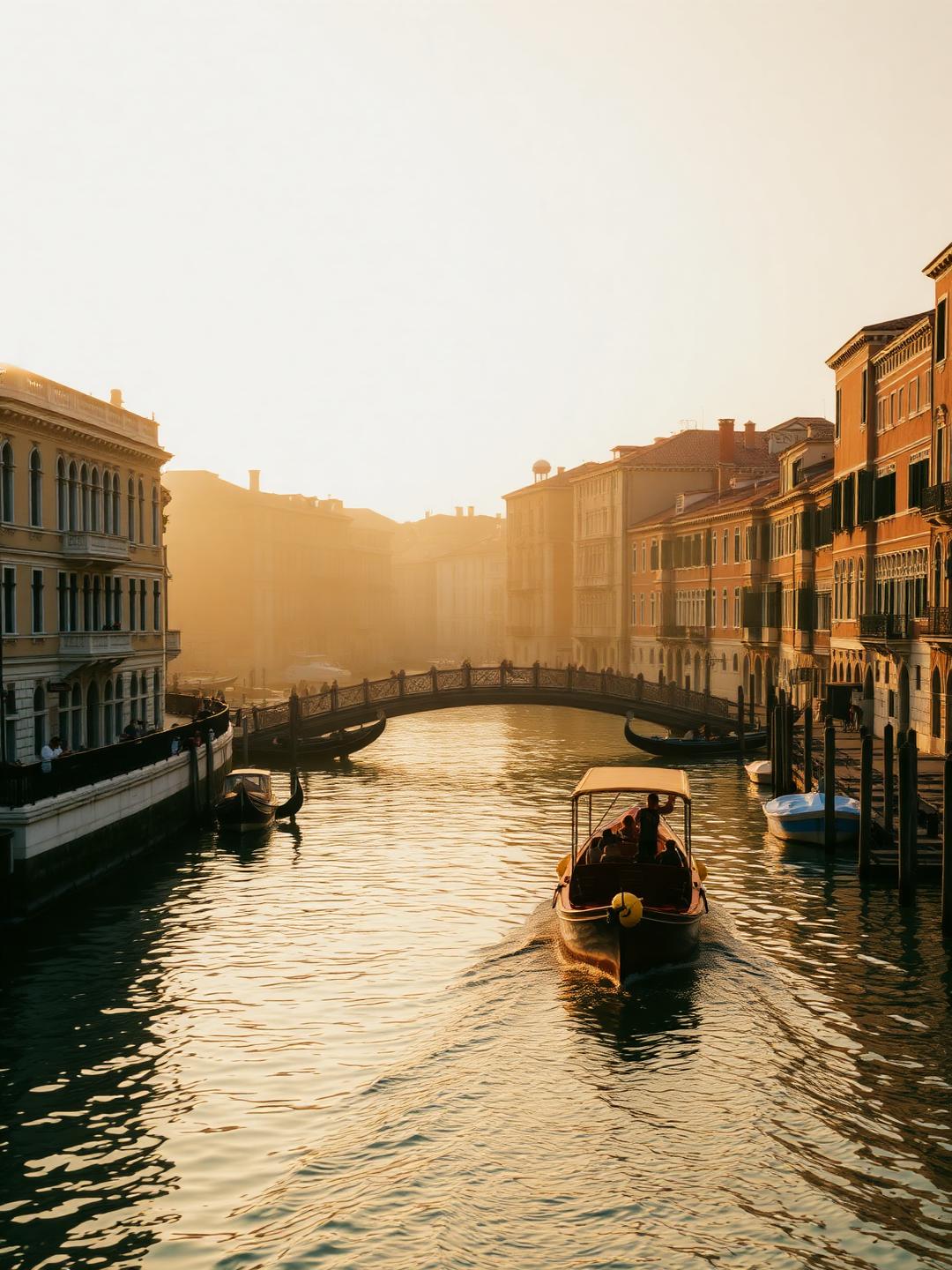 Golden-hour light over a quiet Venetian canal with a wooden water taxi
